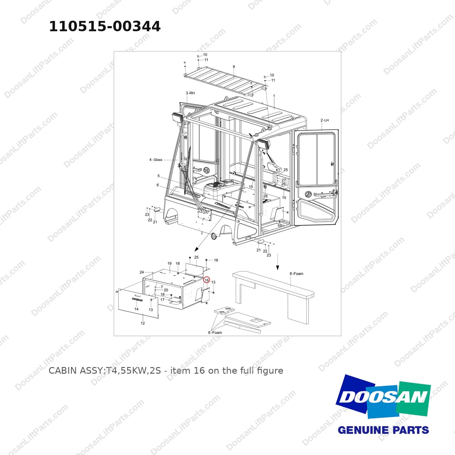 110515-00344 CABIN ASSY;T4,55KW,2S - full parts diagram, item 16 marked - genuine Doosan / Bobcat forklift part