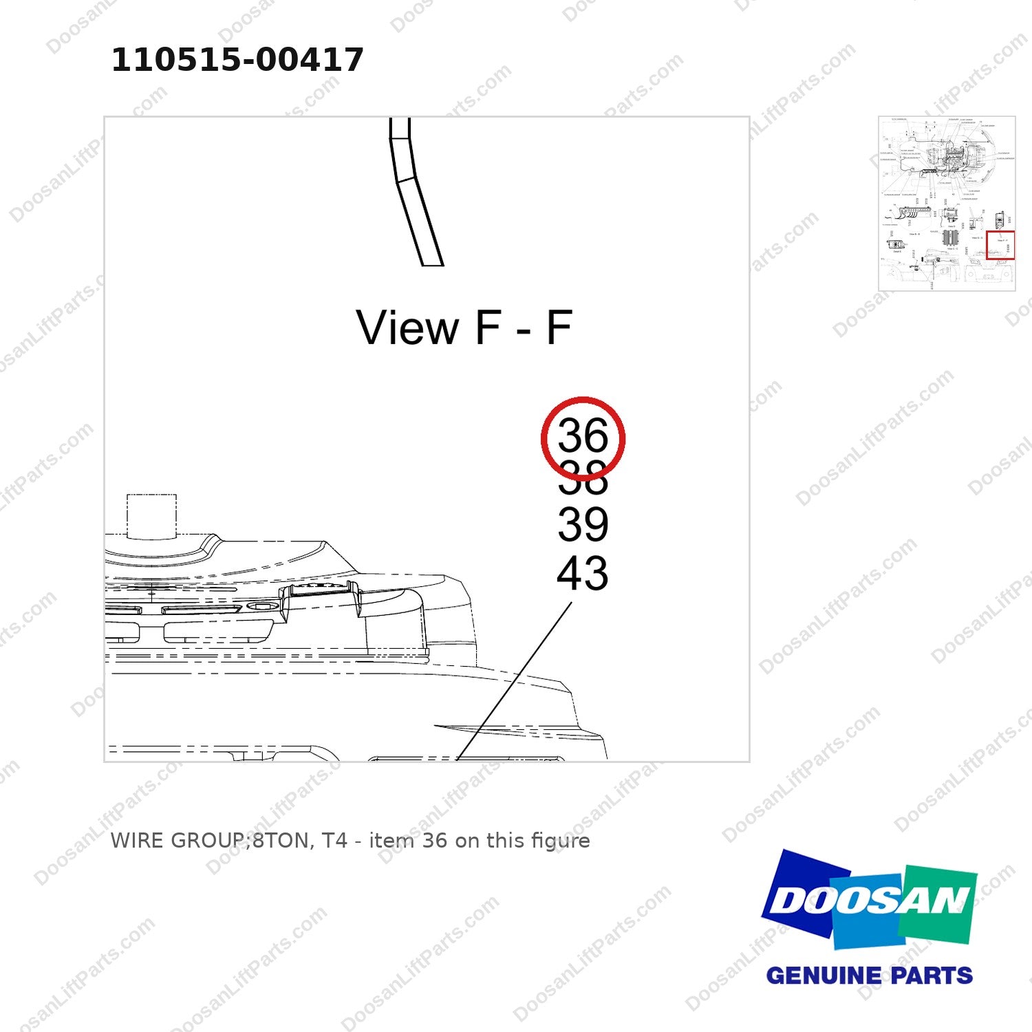 110515-00417 WIRE GROUP;8TON, T4 - parts diagram, item 36 shown - genuine Doosan / Bobcat forklift part