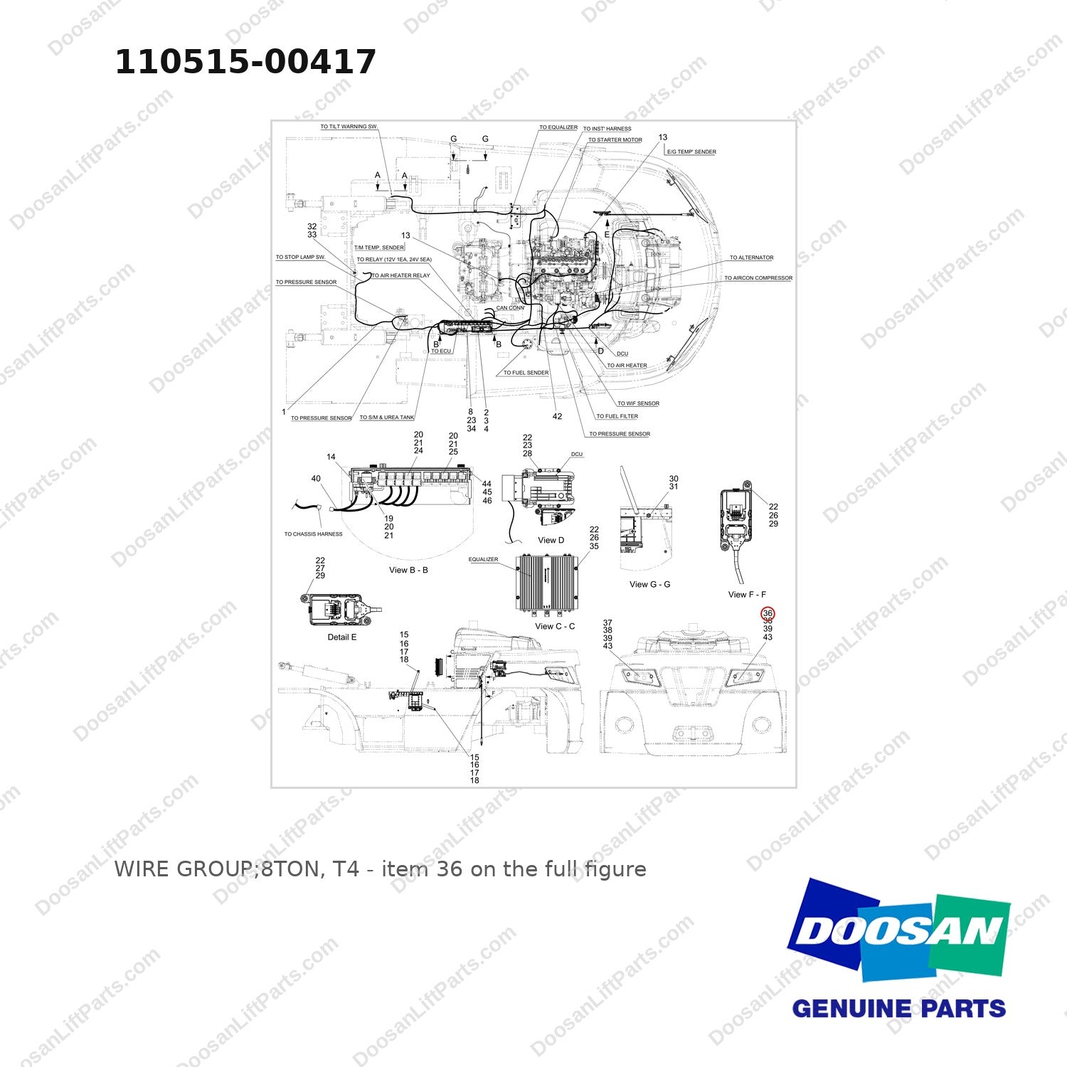 110515-00417 WIRE GROUP;8TON, T4 - full parts diagram, item 36 marked - genuine Doosan / Bobcat forklift part