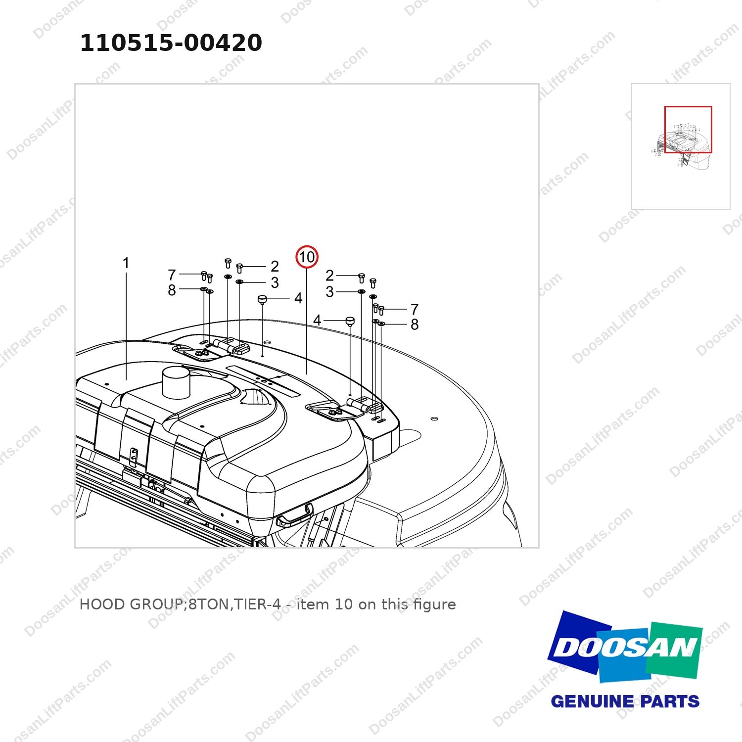 110515-00420 HOOD GROUP;8TON,TIER-4 - parts diagram, item 10 shown - genuine Doosan / Bobcat forklift part