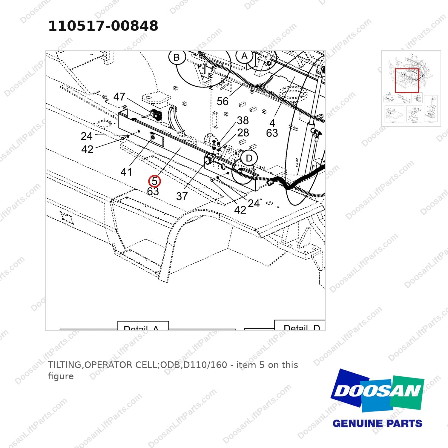 110517-00848 TILTING,OPERATOR CELL;ODB,D110/160 - parts diagram, item 5 shown - genuine Doosan / Bobcat forklift part