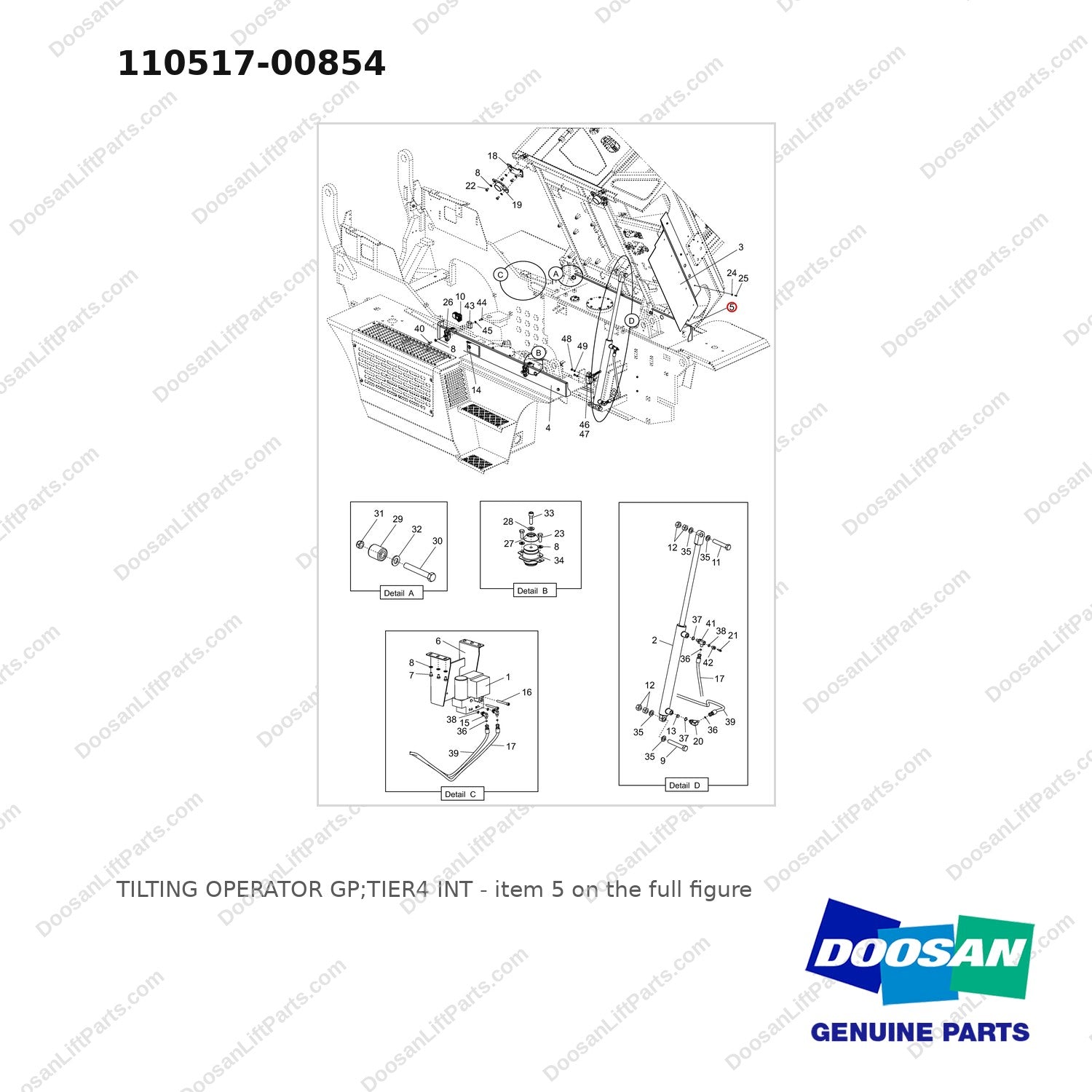 110517-00854 TILTING OPERATOR GP;TIER4 INT - full parts diagram, item 5 marked - genuine Doosan / Bobcat forklift part