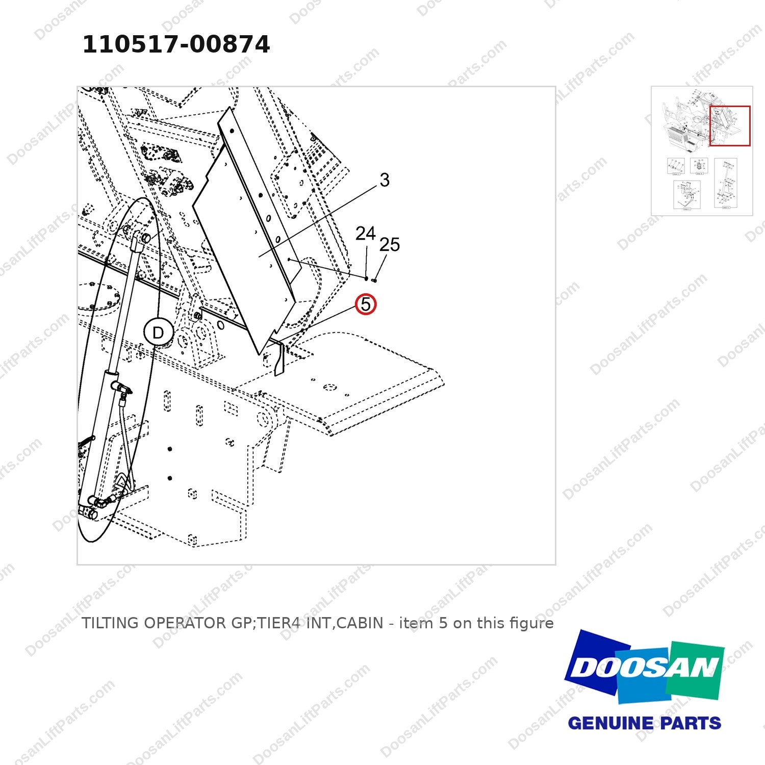 110517-00874 TILTING OPERATOR GP;TIER4 INT,CABIN - parts diagram, item 5 shown - genuine Doosan / Bobcat forklift part