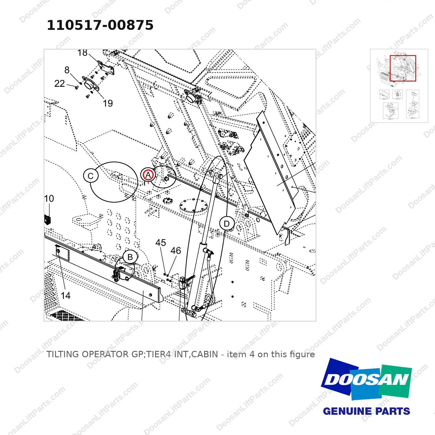 110517-00875 TILTING OPERATOR GP;TIER4 INT,CABIN - parts diagram, item 4 shown - genuine Doosan / Bobcat forklift part