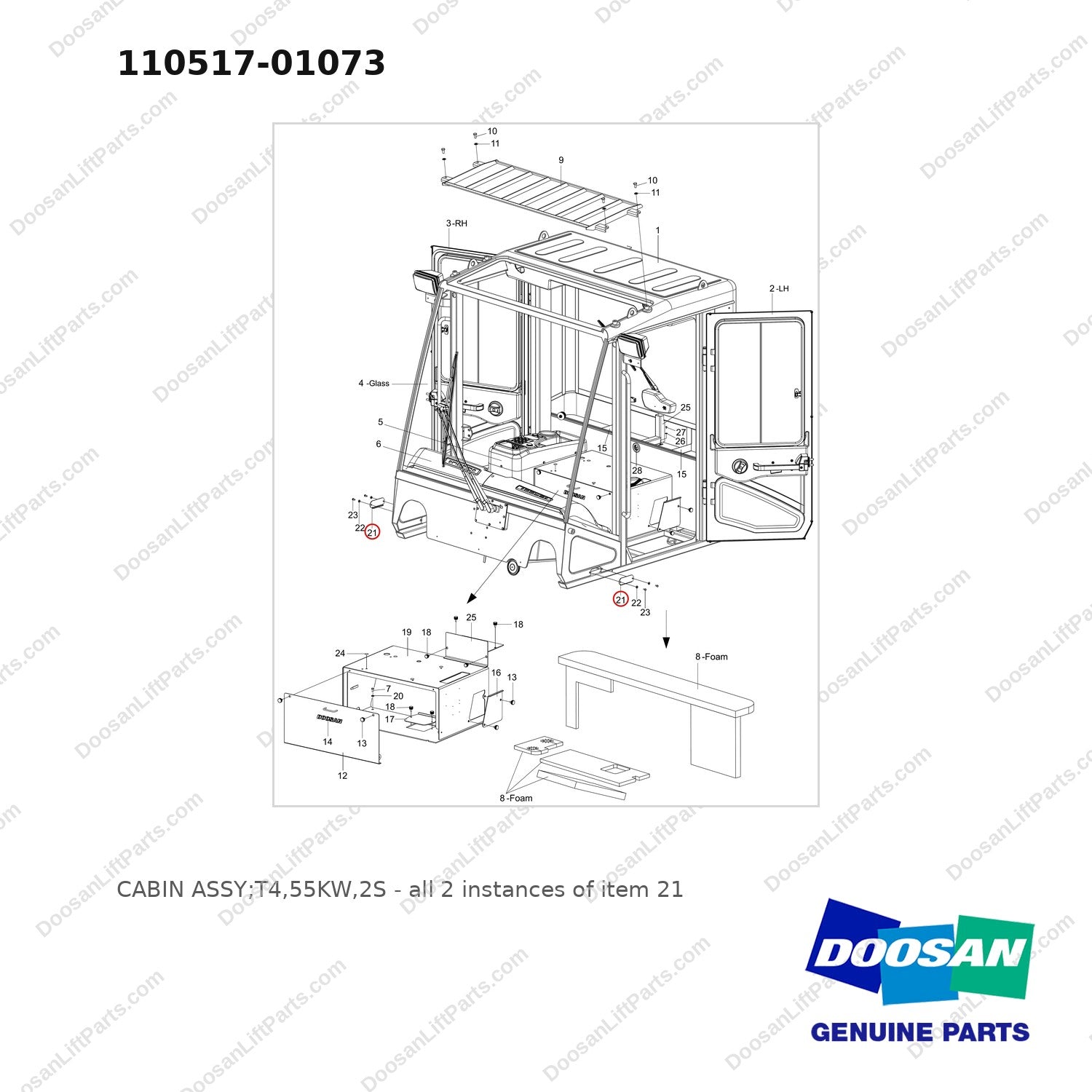 110517-01073 CABIN ASSY;T4,55KW,2S - full parts diagram, item 21 marked - genuine Doosan / Bobcat forklift part