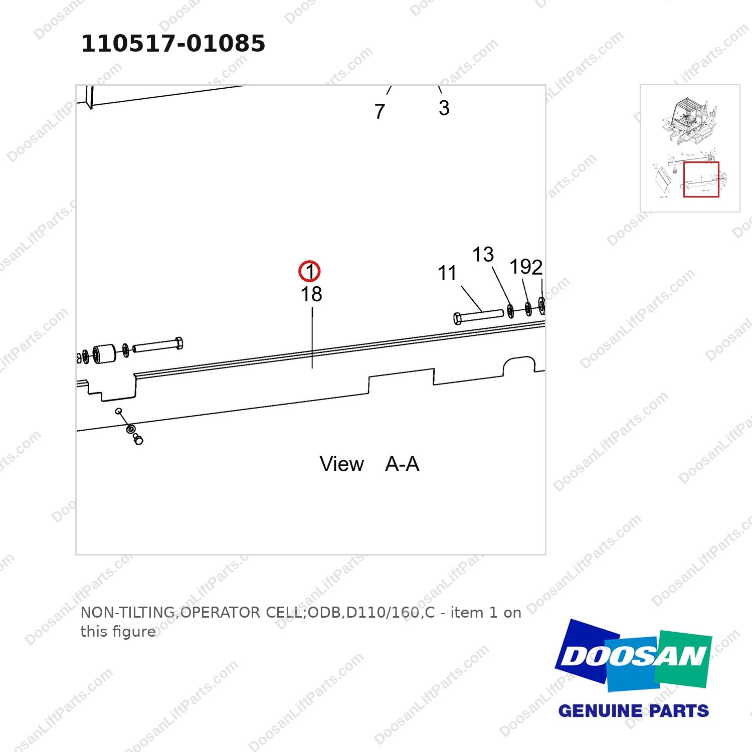 110517-01085 NON-TILTING,OPERATOR CELL;ODB,D110/160,C - parts diagram, item 1 shown - genuine Doosan / Bobcat forklift part