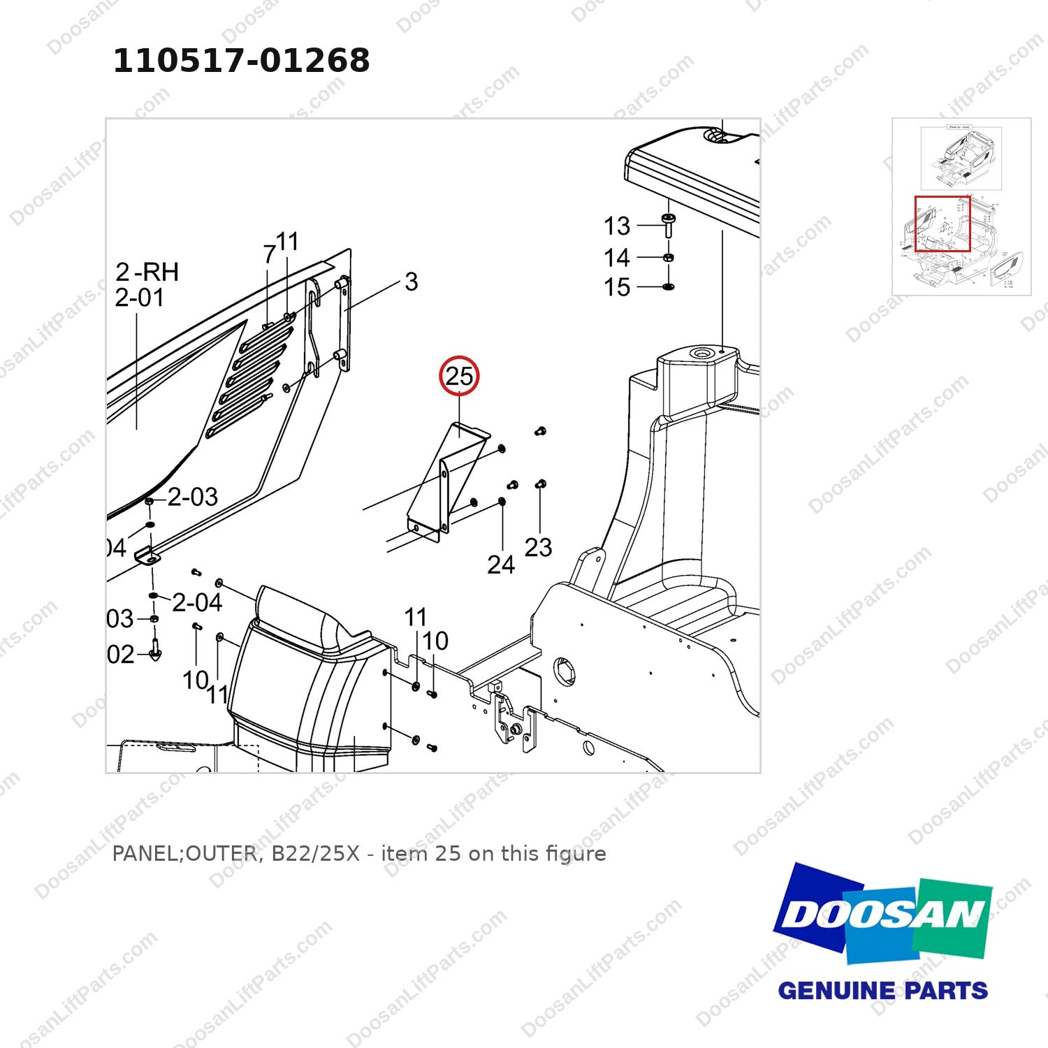 110517-01268 PANEL;OUTER, B22/25X - parts diagram, item 25 shown - genuine Doosan / Bobcat forklift part