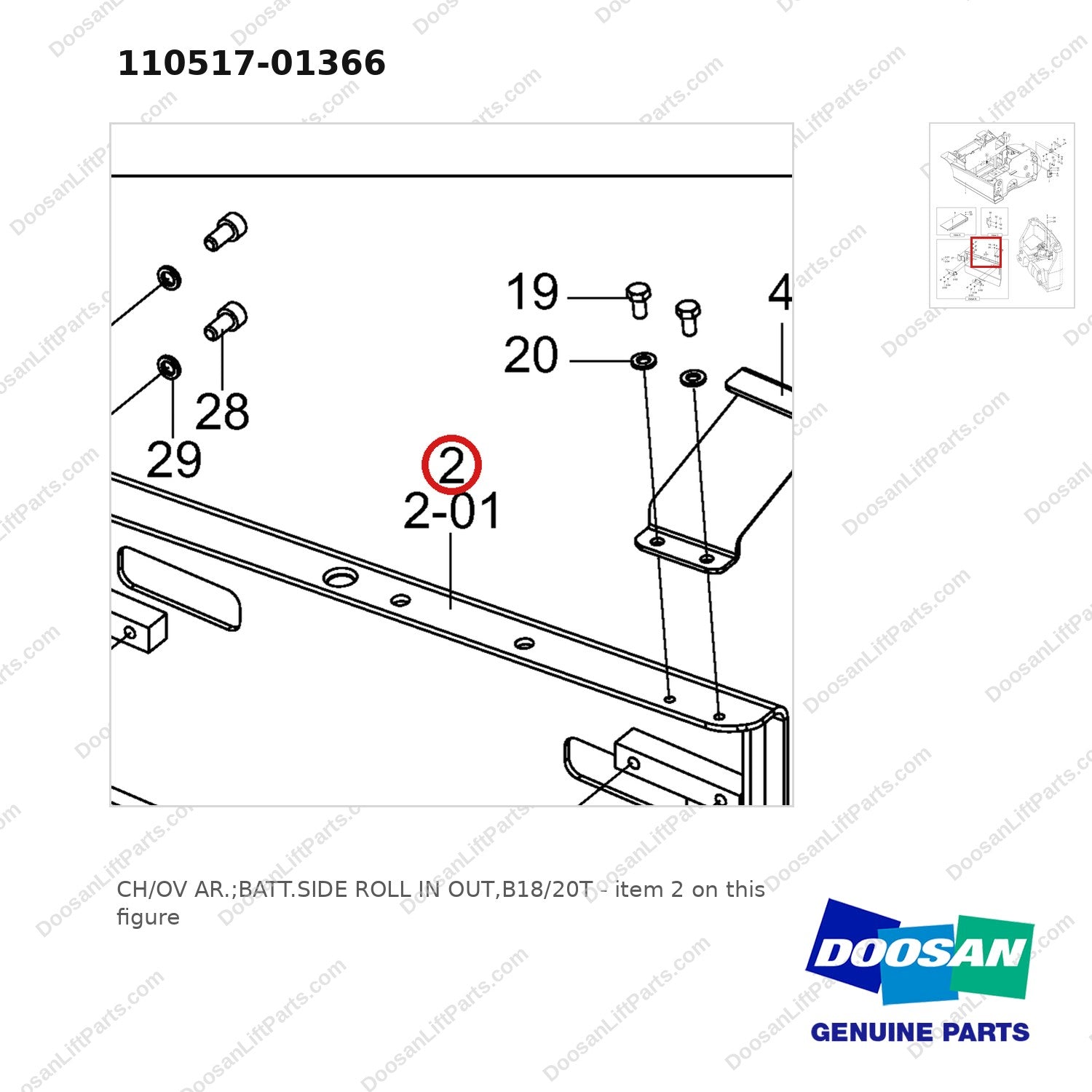 110517-01366 CH/OV AR.;BATT.SIDE ROLL IN OUT,B18/20T - parts diagram, item 2 shown - genuine Doosan / Bobcat forklift part