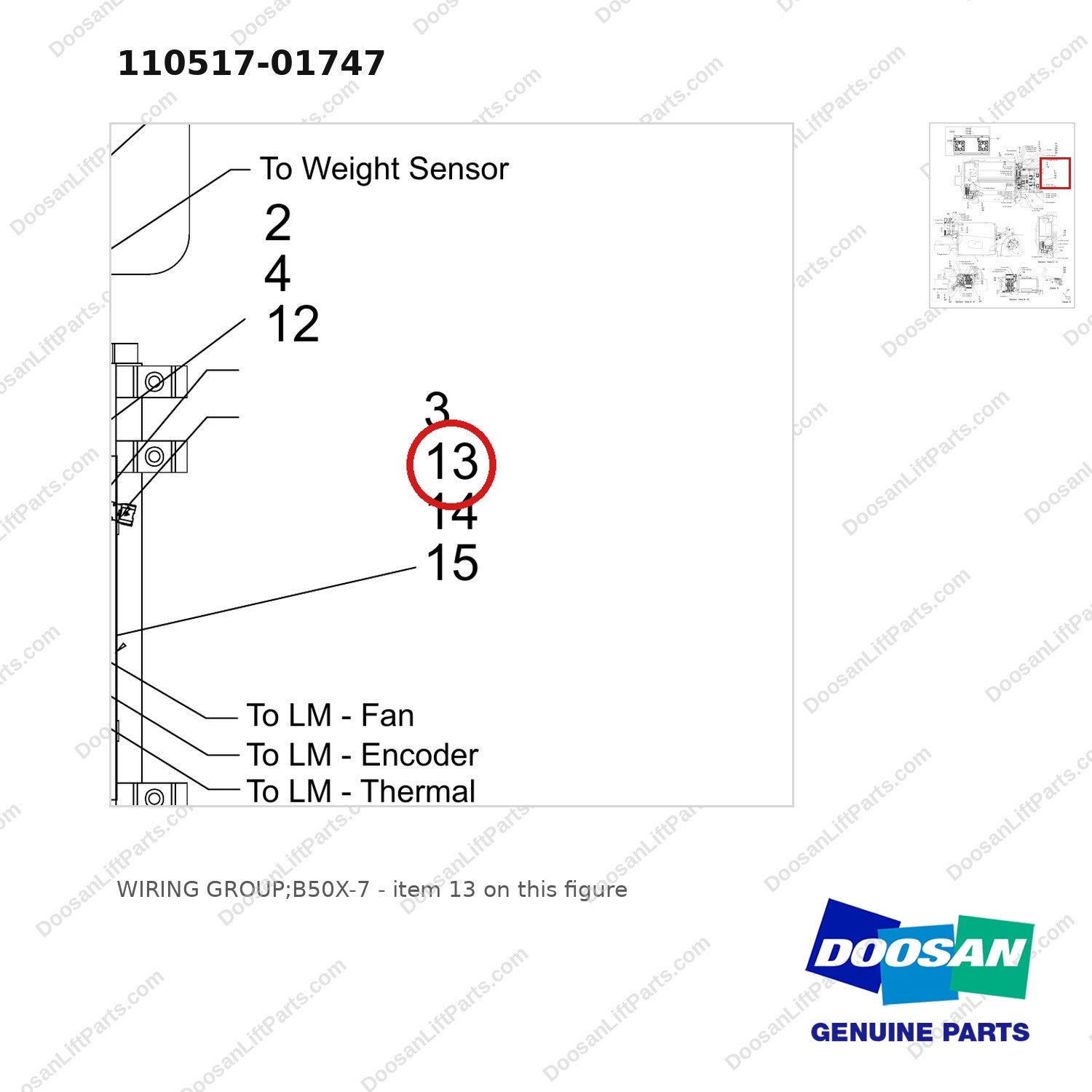 110517-01747 WIRING GROUP;B50X-7 - parts diagram, item 13 shown - genuine Doosan / Bobcat forklift part