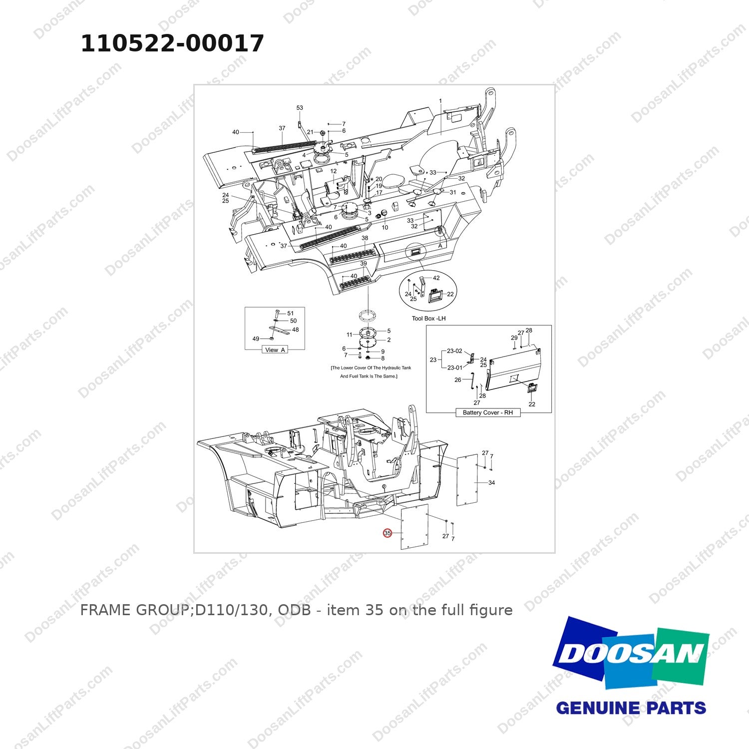 110522-00017 FRAME GROUP;D110/130, ODB - full parts diagram, item 35 marked - genuine Doosan / Bobcat forklift part