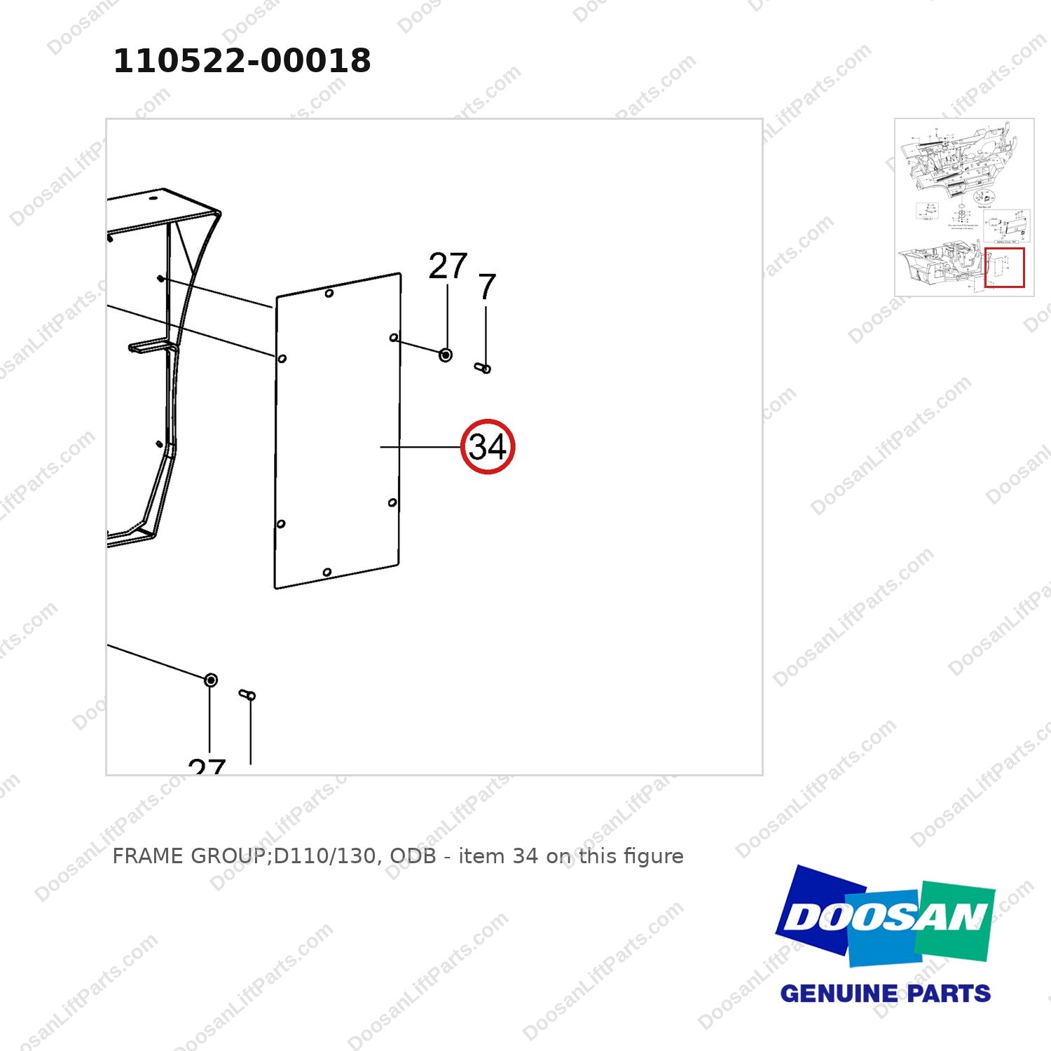 110522-00018 FRAME GROUP;D110/130, ODB - parts diagram, item 34 shown - genuine Doosan / Bobcat forklift part