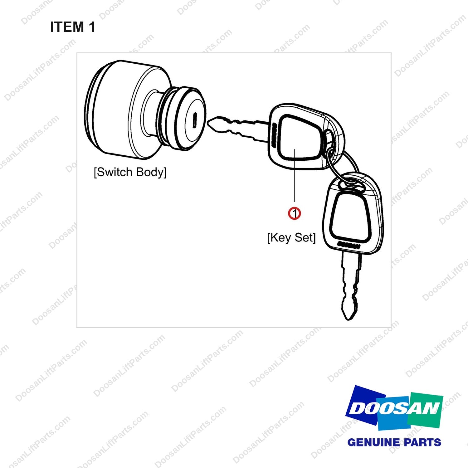 110702-00332KT SWITCH ASSY,KEY;IGNITION - full parts diagram, item 1 marked - genuine Doosan / Bobcat forklift part
