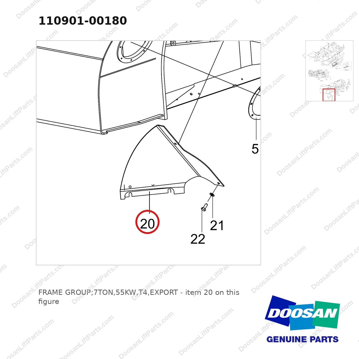 110901-00180 FRAME GROUP;7TON,55KW,T4,EXPORT - parts diagram, item 20 shown - genuine Doosan / Bobcat forklift part