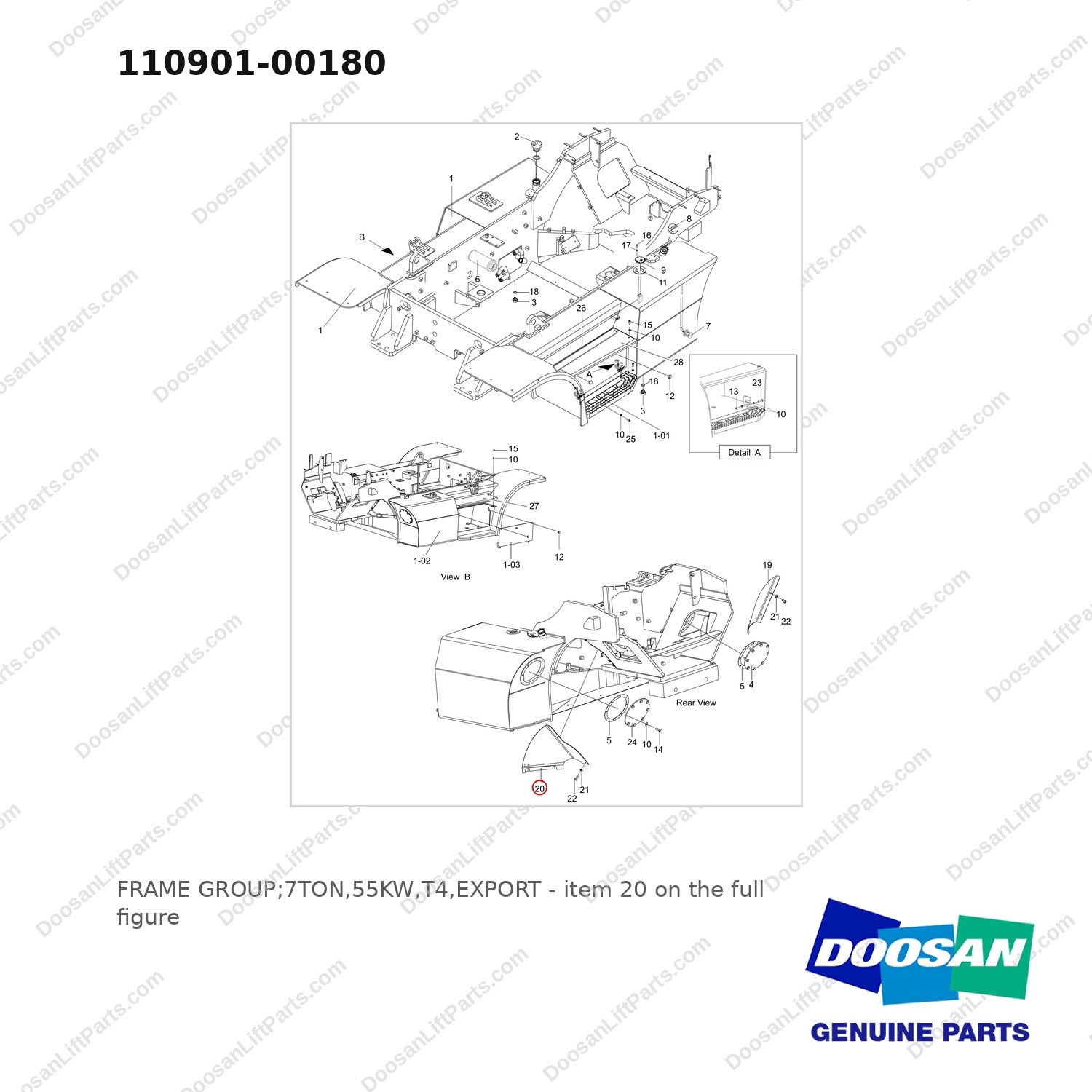 110901-00180 FRAME GROUP;7TON,55KW,T4,EXPORT - full parts diagram, item 20 marked - genuine Doosan / Bobcat forklift part