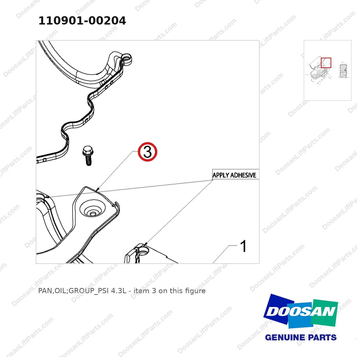 110901-00204 PAN,OIL;GROUP_PSI 4.3L - parts diagram, item 3 shown - genuine Doosan / Bobcat forklift part