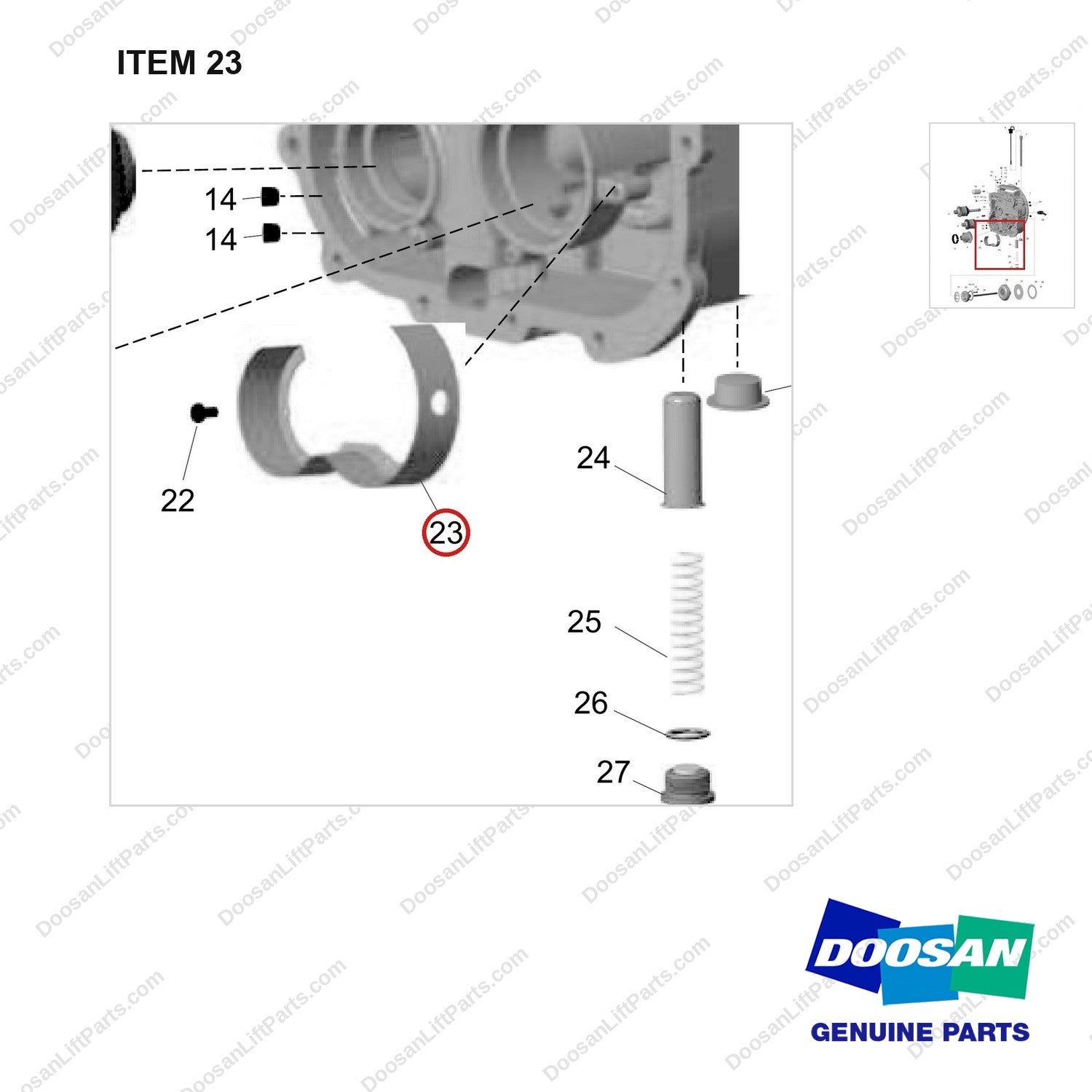 110901-00274 TRANSMISSION ASSY;TC HOUSING SUB - parts diagram, item 23 shown - genuine Doosan / Bobcat forklift part
