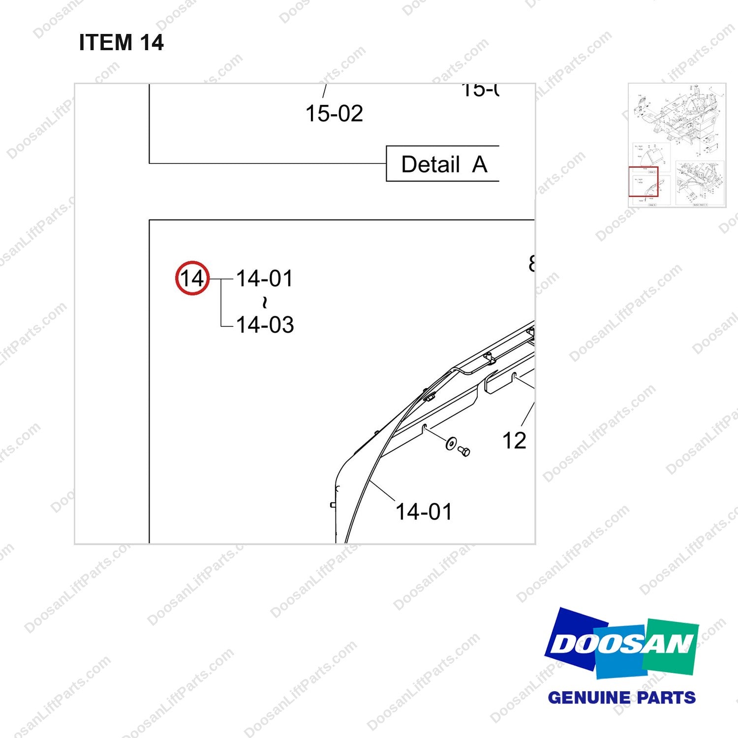 110901-00334 FRAME GROUP;D90,FS,LEYE,DS,BOBCAT - parts diagram, item 14 shown - genuine Doosan / Bobcat forklift part