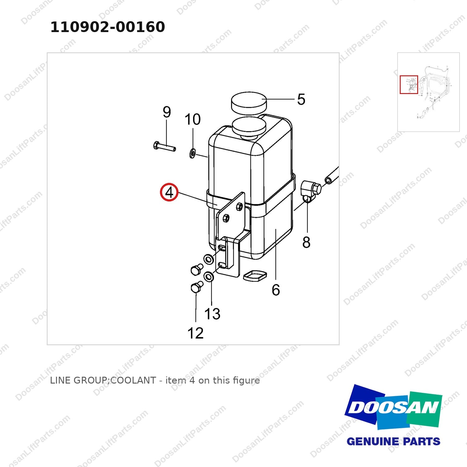 110902-00160 LINE GROUP;COOLANT - parts diagram, item 4 shown - genuine Doosan / Bobcat forklift part