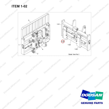 110909-00099 FORKPOSITIONER, FF,ISFP,W=1300,SIM,4SP,CL3 - full parts diagram, item 1-02 marked - genuine Doosan / Bobcat forklift part