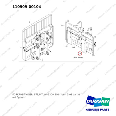 110909-00104 FORKPOSITIONER, FFT,INT,W=1300,SIM - full parts diagram, item 1-03 marked - genuine Doosan / Bobcat forklift part