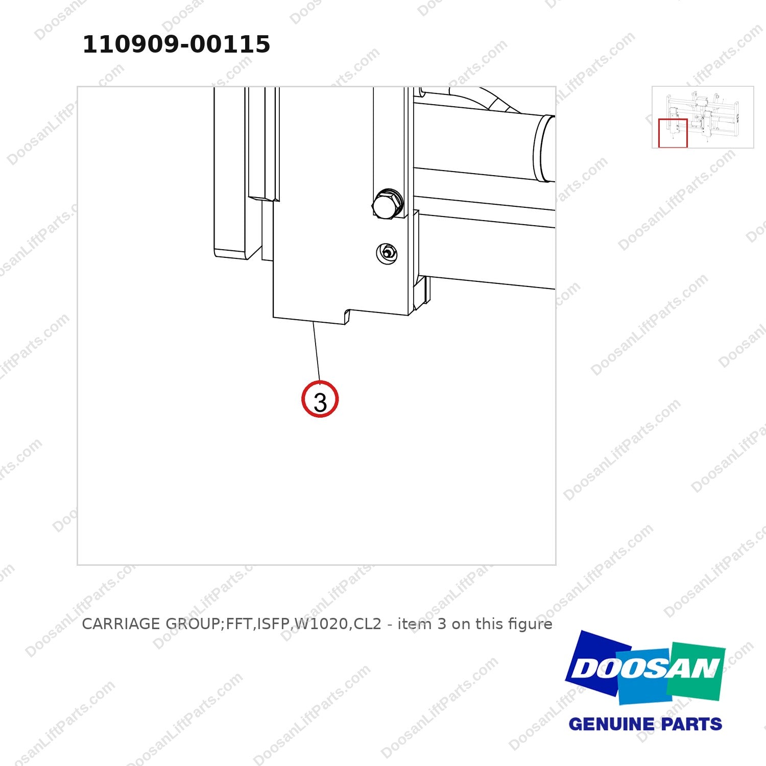 110909-00115 CARRIAGE GROUP;FFT,ISFP,W1020,CL2 - parts diagram, item 3 shown - genuine Doosan / Bobcat forklift part