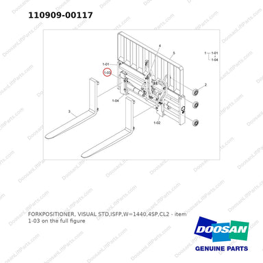 110909-00117 FORKPOSITIONER, VISUAL STD,ISFP,W=1440,4SP,CL2 - full parts diagram, item 1-03 marked - genuine Doosan / Bobcat forklift part