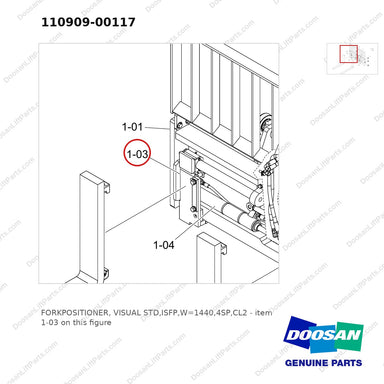 110909-00117 FORKPOSITIONER, VISUAL STD,ISFP,W=1440,4SP,CL2 - parts diagram, item 1-03 shown - genuine Doosan / Bobcat forklift part