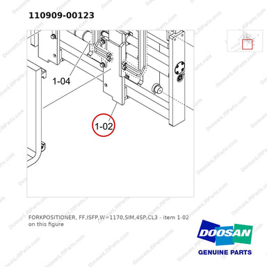 110909-00123 FORKPOSITIONER, FF,ISFP,W=1170,SIM,4SP,CL3 - parts diagram, item 1-02 shown - genuine Doosan / Bobcat forklift part