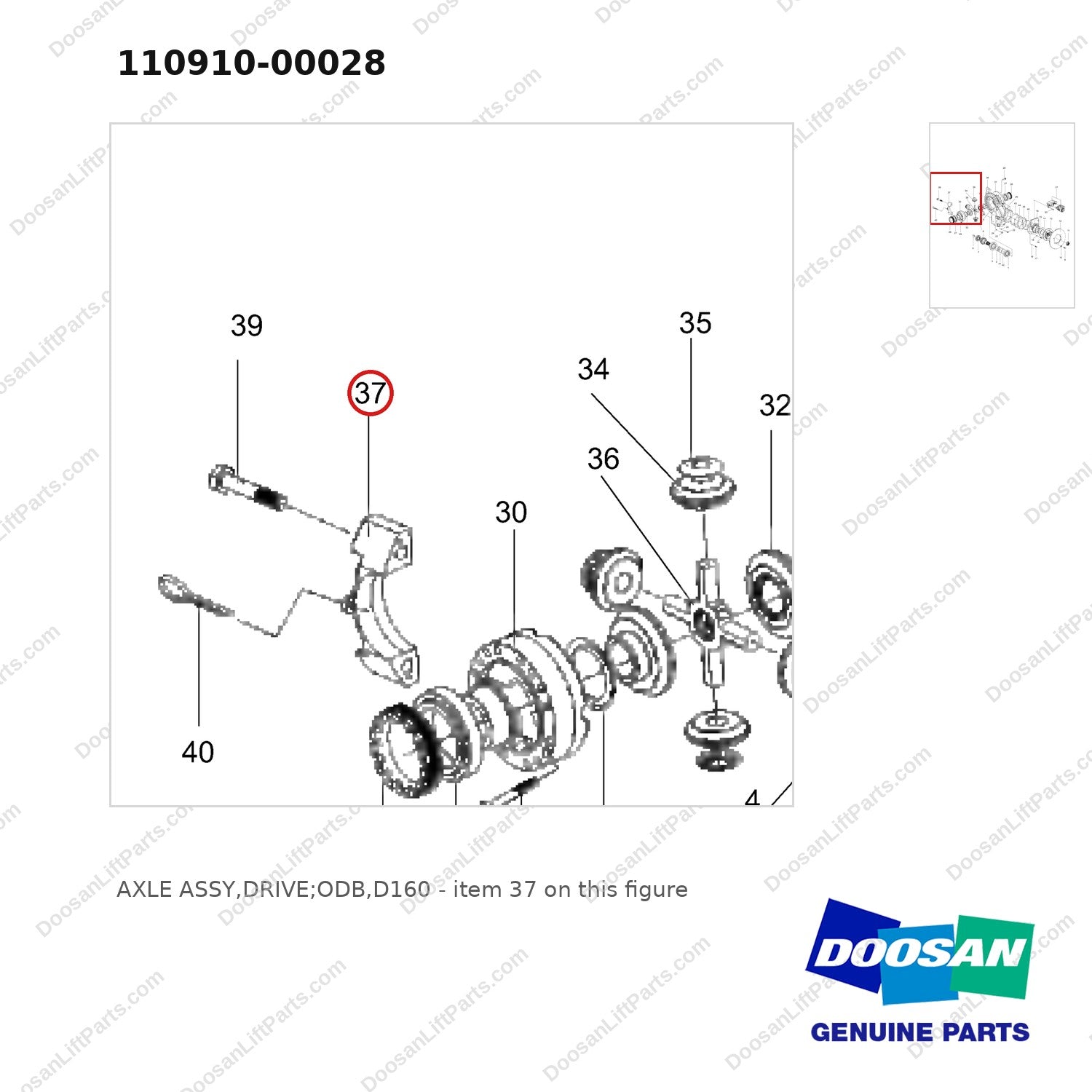 110910-00028 AXLE ASSY,DRIVE;ODB,D160 - parts diagram, item 37 shown - genuine Doosan / Bobcat forklift part