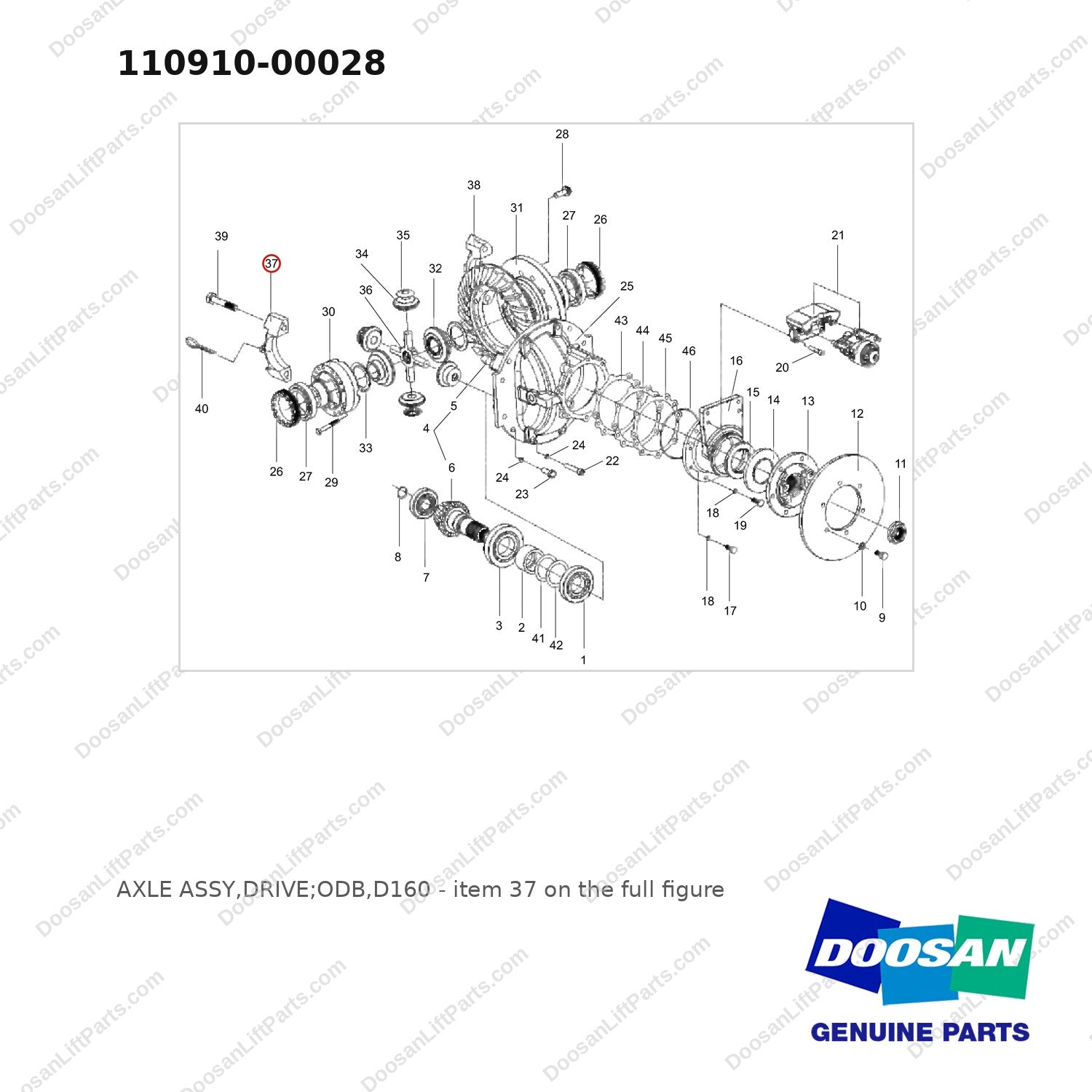 110910-00028 AXLE ASSY,DRIVE;ODB,D160 - full parts diagram, item 37 marked - genuine Doosan / Bobcat forklift part