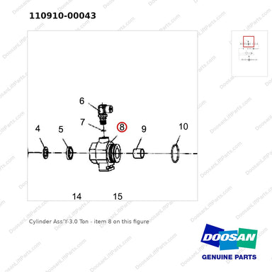 110910-00043 Cylinder Ass'Y-3.0 Ton - parts diagram, item 8 shown - genuine Doosan / Bobcat forklift part