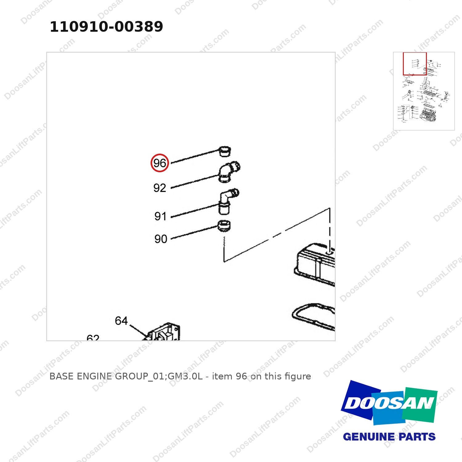 110910-00389 BASE ENGINE GROUP_01;GM3.0L - parts diagram, item 96 shown - genuine Doosan / Bobcat forklift part