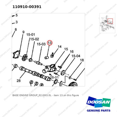 110910-00391 BASE ENGINE GROUP_02;GM3.0L - parts diagram, item 13 shown - genuine Doosan / Bobcat forklift part