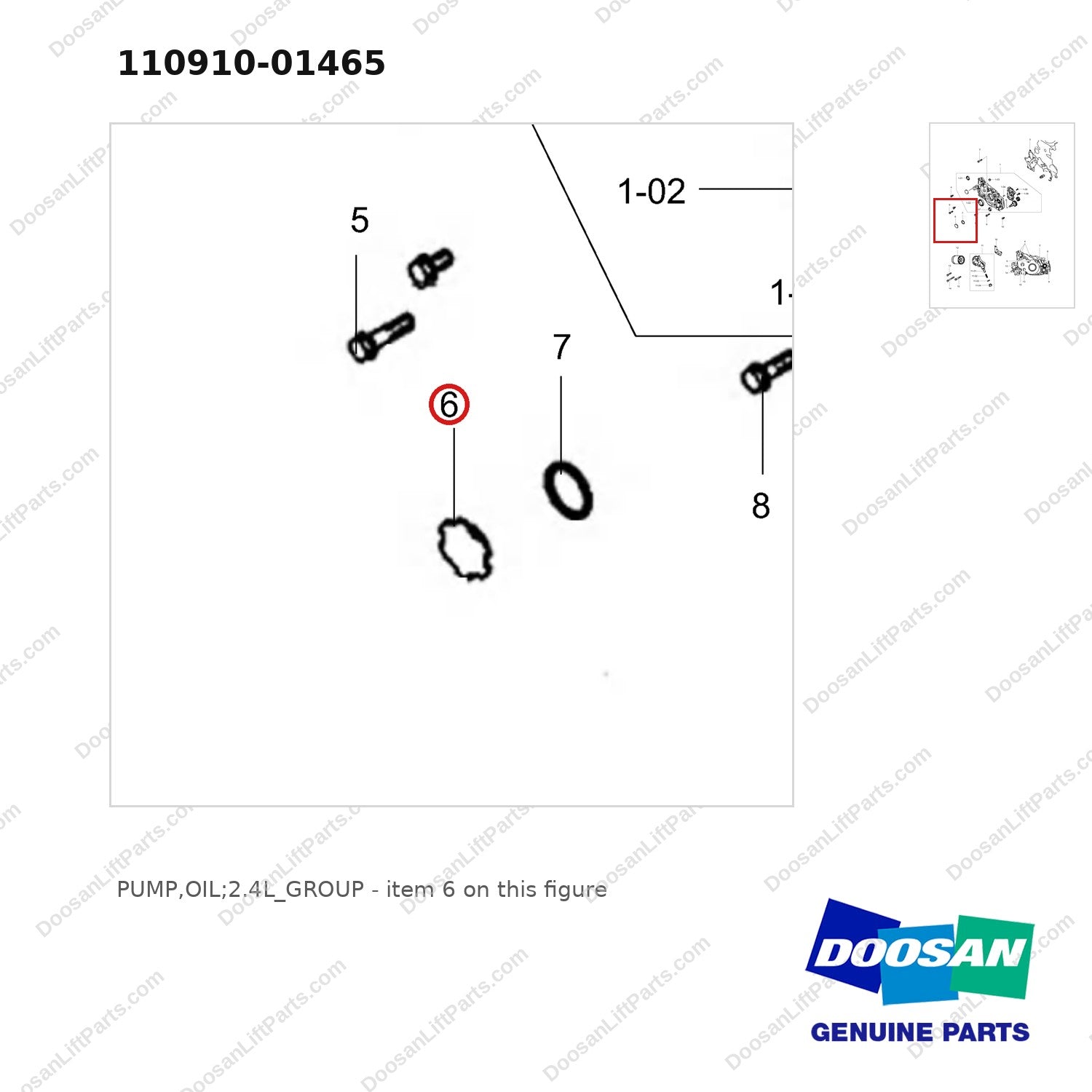 110910-01465 PUMP,OIL;2.4L_GROUP - parts diagram, item 6 shown - genuine Doosan / Bobcat forklift part