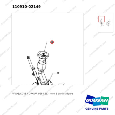 110910-02149 VALVE;COVER GROUP_PSI 4.3L - parts diagram, item 8 shown - genuine Doosan / Bobcat forklift part