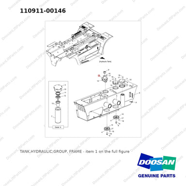 110911-00146 TANK,HYDRAULIC;GROUP, FRAME - full parts diagram, item 1 marked - genuine Doosan / Bobcat forklift part