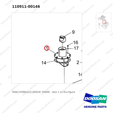 110911-00146 TANK,HYDRAULIC;GROUP, FRAME - parts diagram, item 1 shown - genuine Doosan / Bobcat forklift part