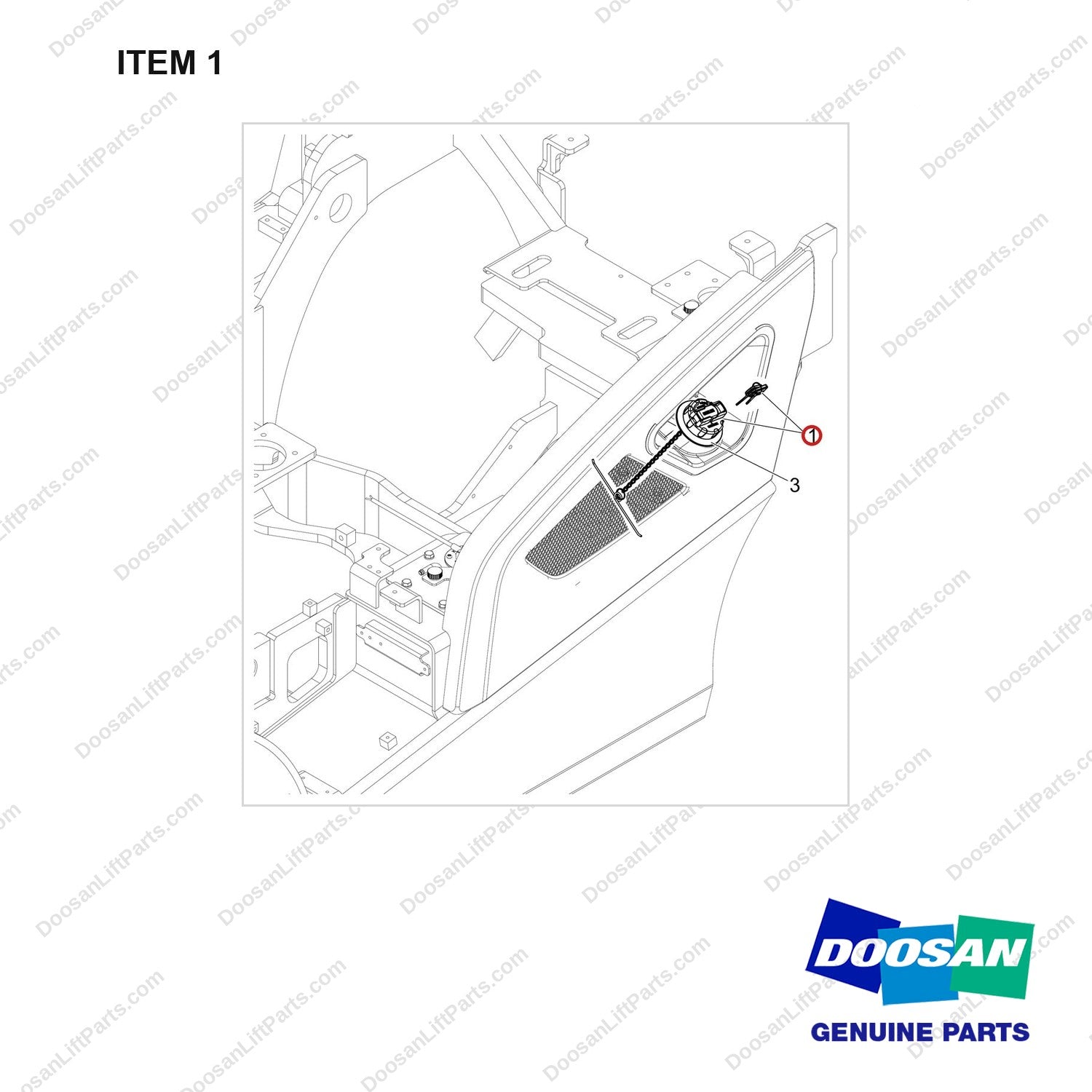 110911-00804 FUEL CAP;W/ KEY - full parts diagram, item 1 marked - genuine Doosan / Bobcat forklift part