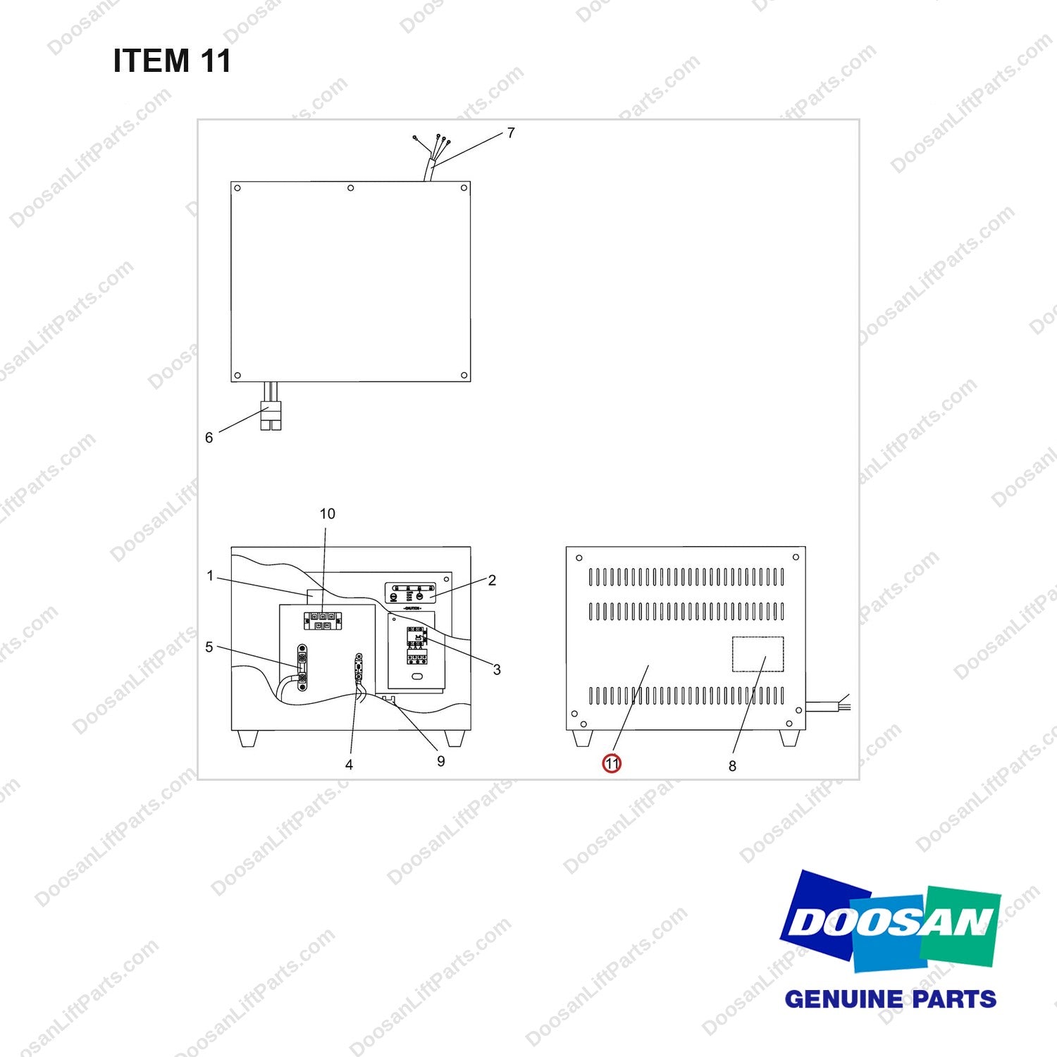 110913-00337 Charger Ass'y- Aluminium  - 3P-AC 220 Volt, 460AH-60Hz, Non  - full parts diagram, item 11 marked - genuine Doosan / Bobcat forklift part