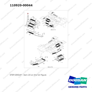 110920-00044 STEP;GROUP - full parts diagram, item 20 marked - genuine Doosan / Bobcat forklift part