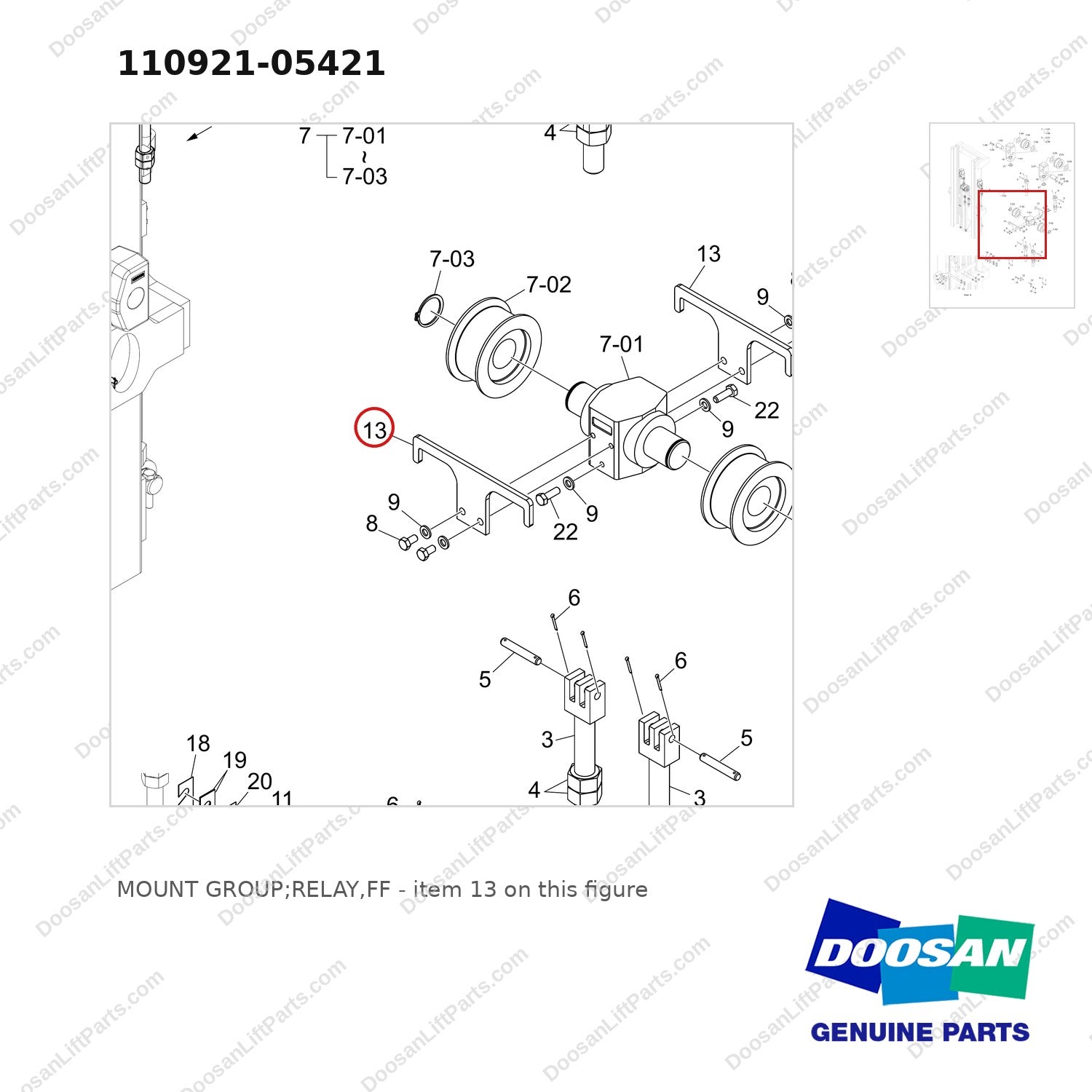 110921-05421 MOUNT GROUP;RELAY,FF - parts diagram, item 13 shown - genuine Doosan / Bobcat forklift part