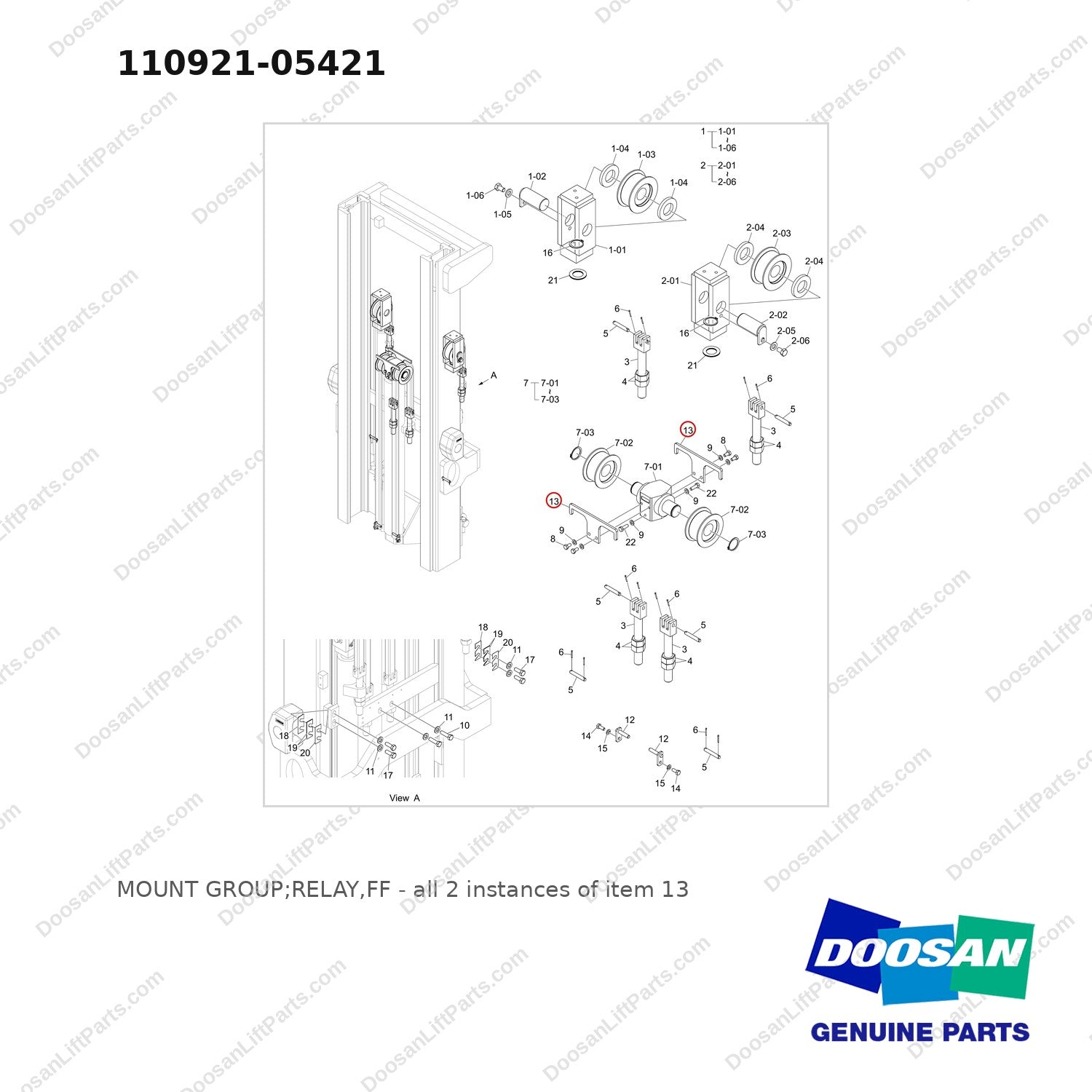 110921-05421 MOUNT GROUP;RELAY,FF - full parts diagram, item 13 marked - genuine Doosan / Bobcat forklift part