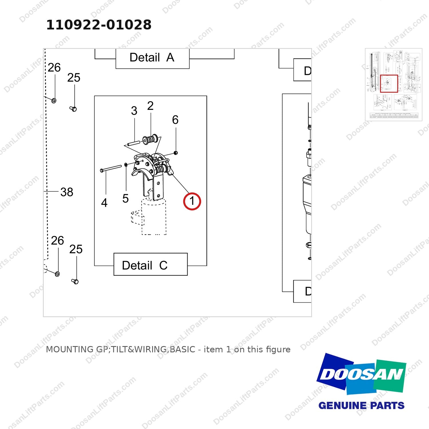 110922-01028 MOUNTING GP;TILT&WIRING,BASIC - parts diagram, item 1 shown - genuine Doosan / Bobcat forklift part