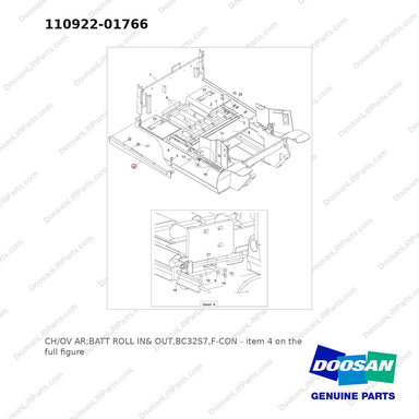 110922-01766 CH/OV AR;BATT ROLL IN& OUT,BC32S7,F-CON - full parts diagram, item 4 marked - genuine Doosan / Bobcat forklift part