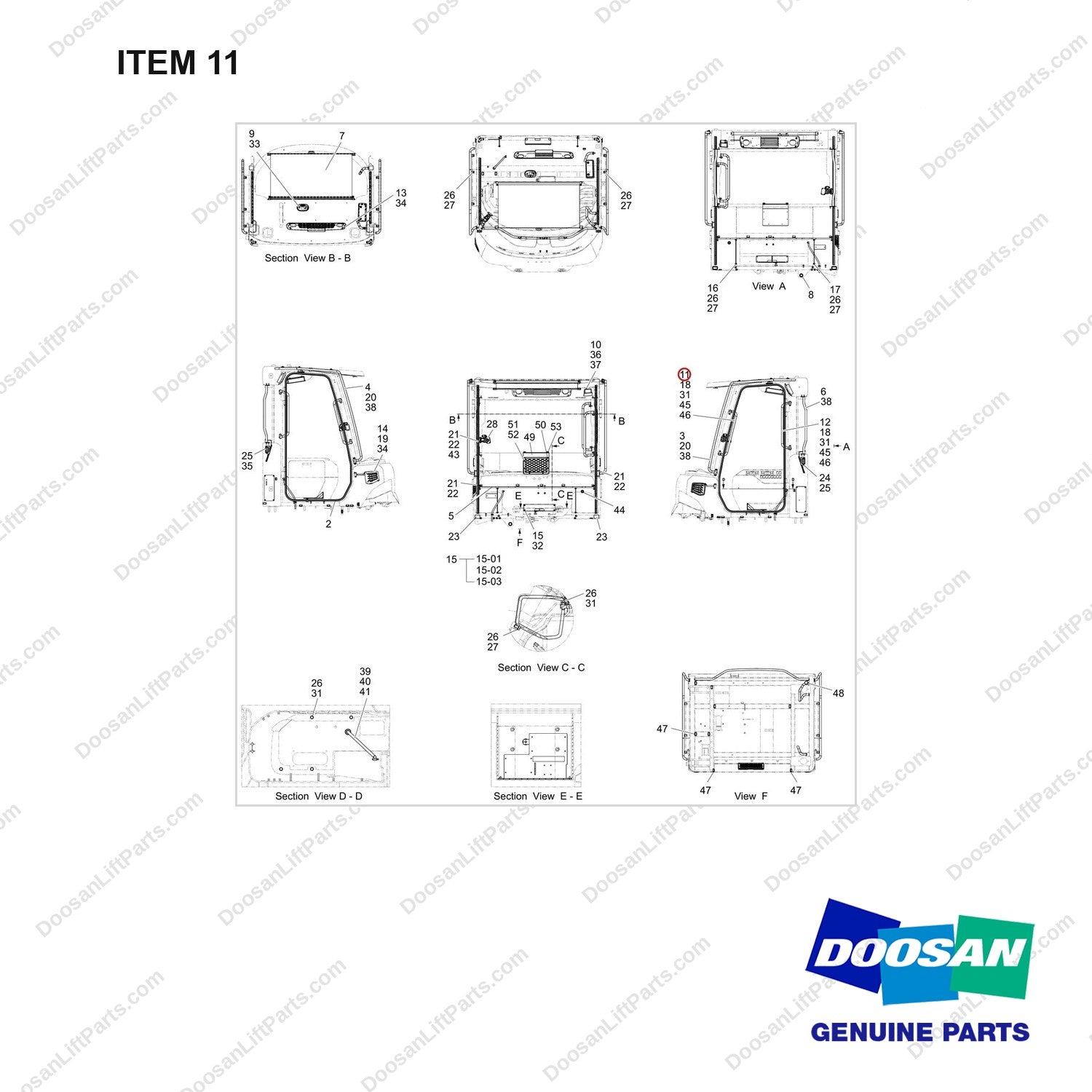 110925-00717 MOUNT GROUP;CABIN,16TON - full parts diagram, item 11 marked - genuine Doosan / Bobcat forklift part