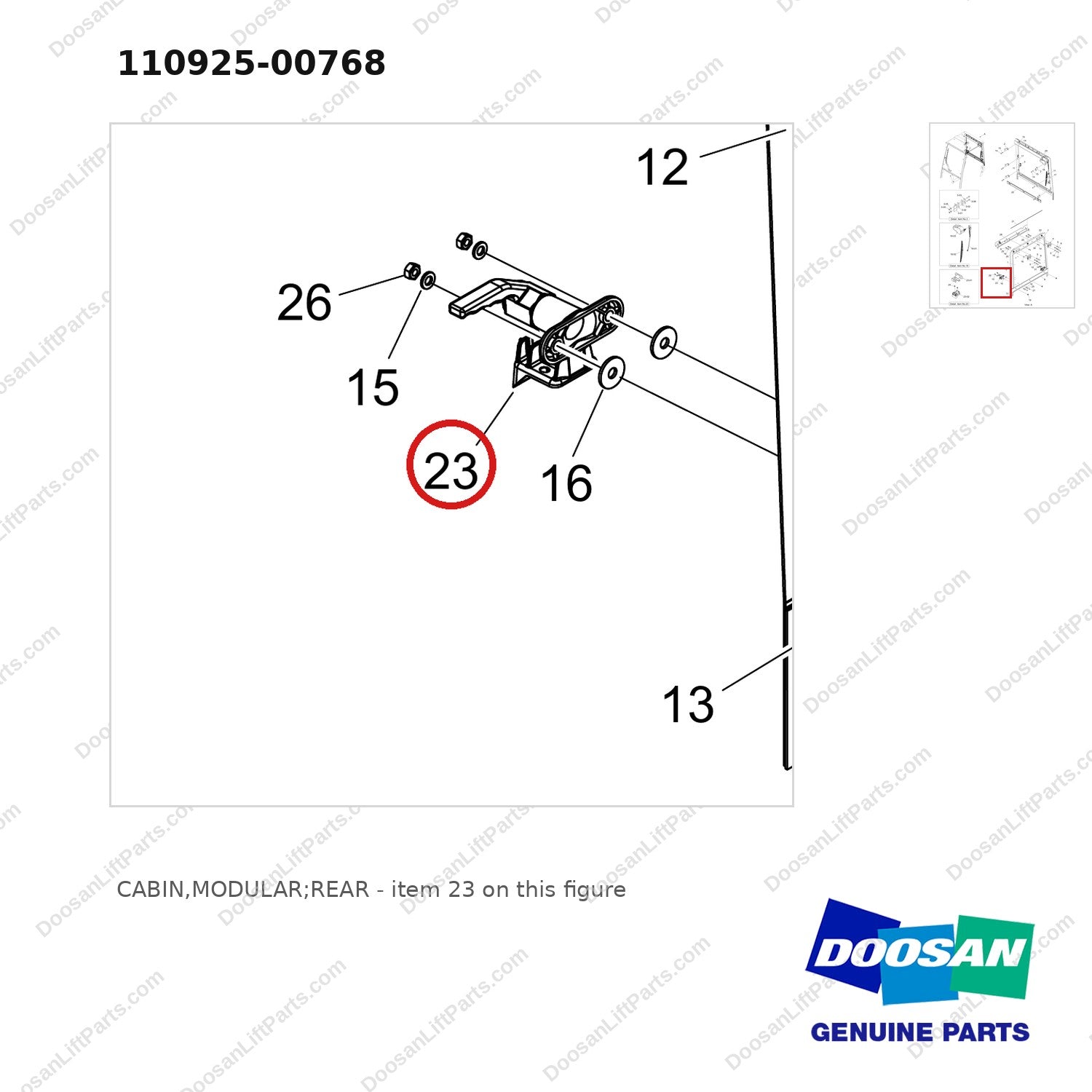 110925-00768 CABIN,MODULAR;REAR - parts diagram, item 23 shown - genuine Doosan / Bobcat forklift part