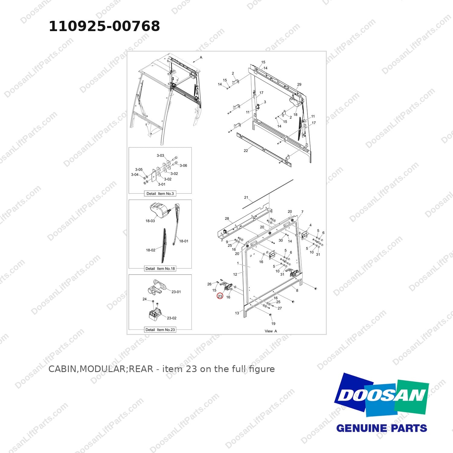 110925-00768 CABIN,MODULAR;REAR - full parts diagram, item 23 marked - genuine Doosan / Bobcat forklift part