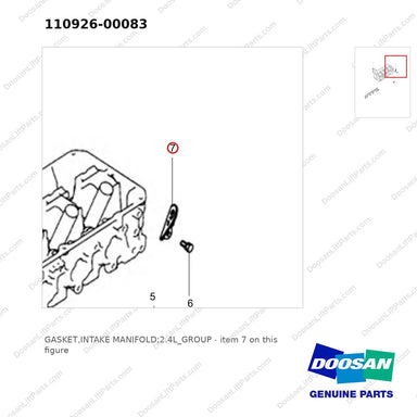 110926-00083 GASKET,INTAKE MANIFOLD;2.4L_GROUP - parts diagram, item 7 shown - genuine Doosan / Bobcat forklift part