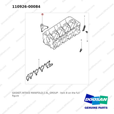 110926-00084 GASKET,INTAKE MANIFOLD;2.4L_GROUP - full parts diagram, item 8 marked - genuine Doosan / Bobcat forklift part