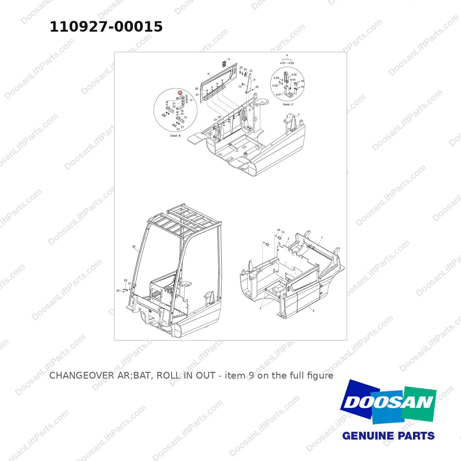 110927-00015 CHANGEOVER AR;BAT, ROLL IN OUT - full parts diagram, item 9 marked - genuine Doosan / Bobcat forklift part